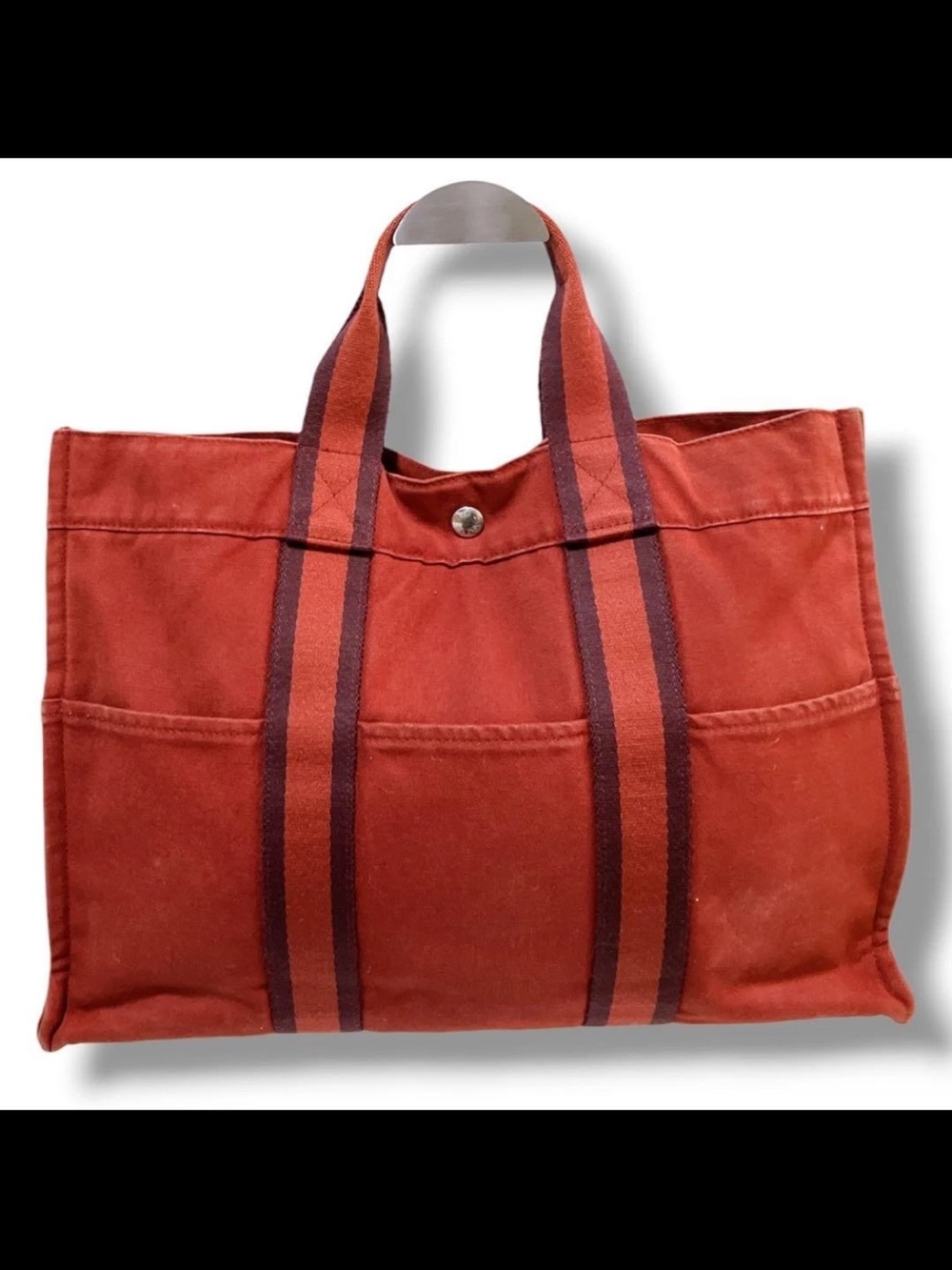 Hermes Canvas Tote in Rust with Contrasting Stripe Handles